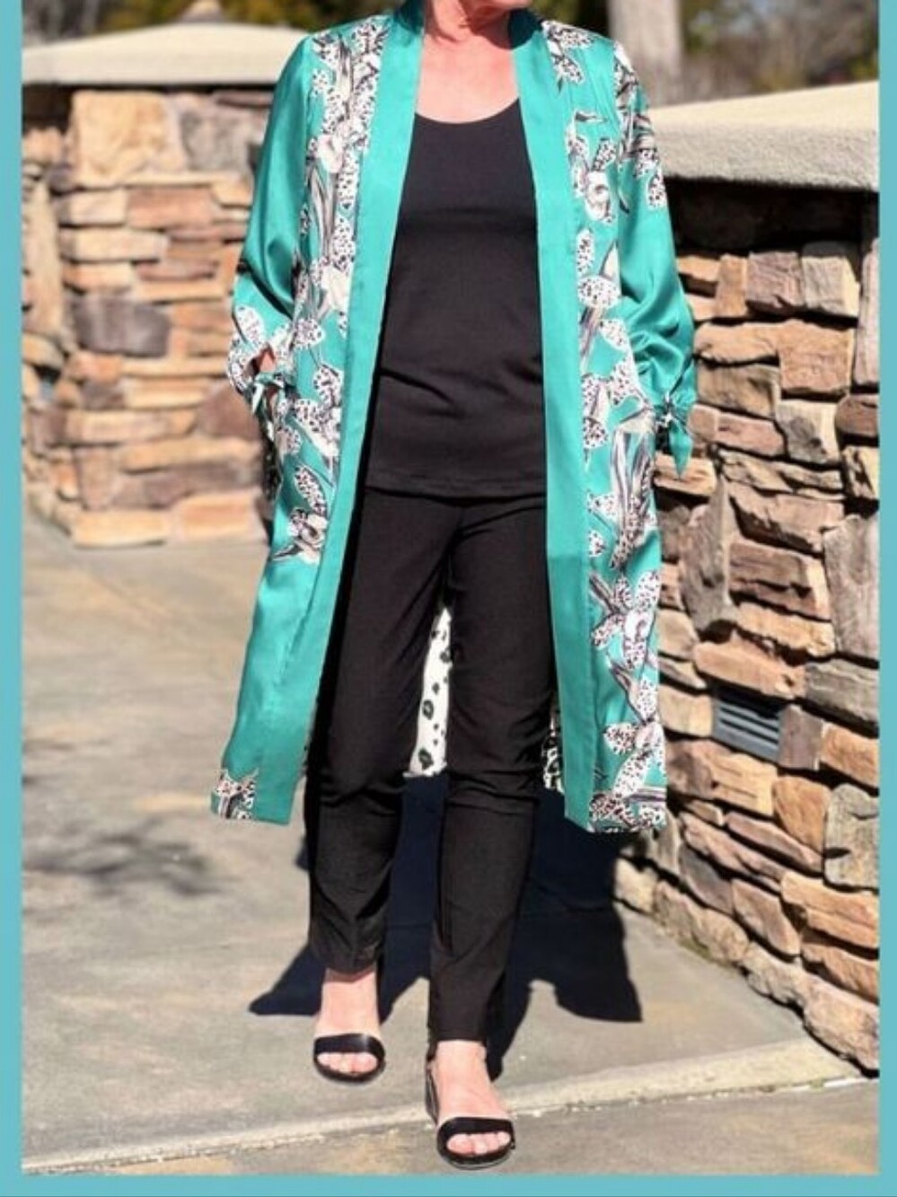 NWOT Chico's Teal Floral Reversible Satin Duster Kimono Robe